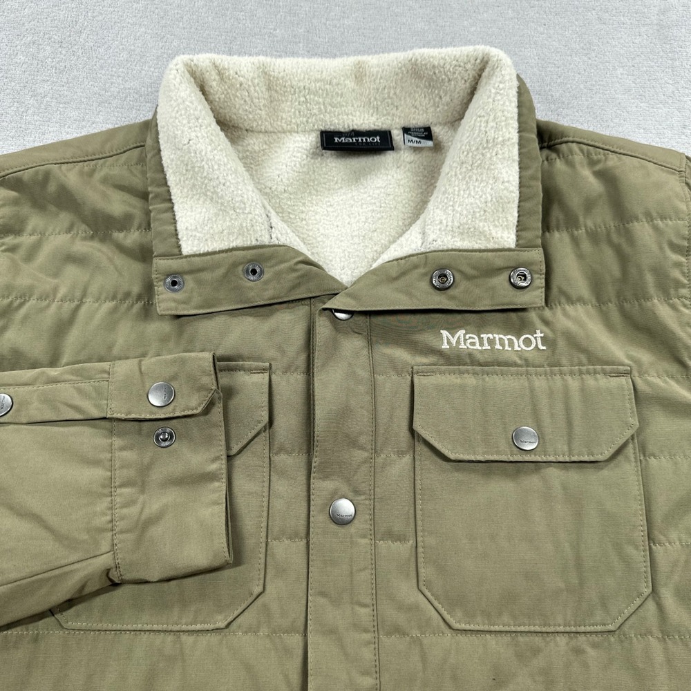 Marmot Burdell Jacket Mens M Olive Green Quilted Sherpa Lined Snap Front Coat